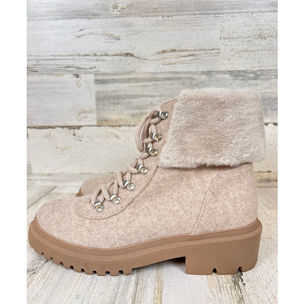 Anne Klein Womens 7.5 Beige Carmine Faux Fur Lace Up Chunky Platform Ankle Boots